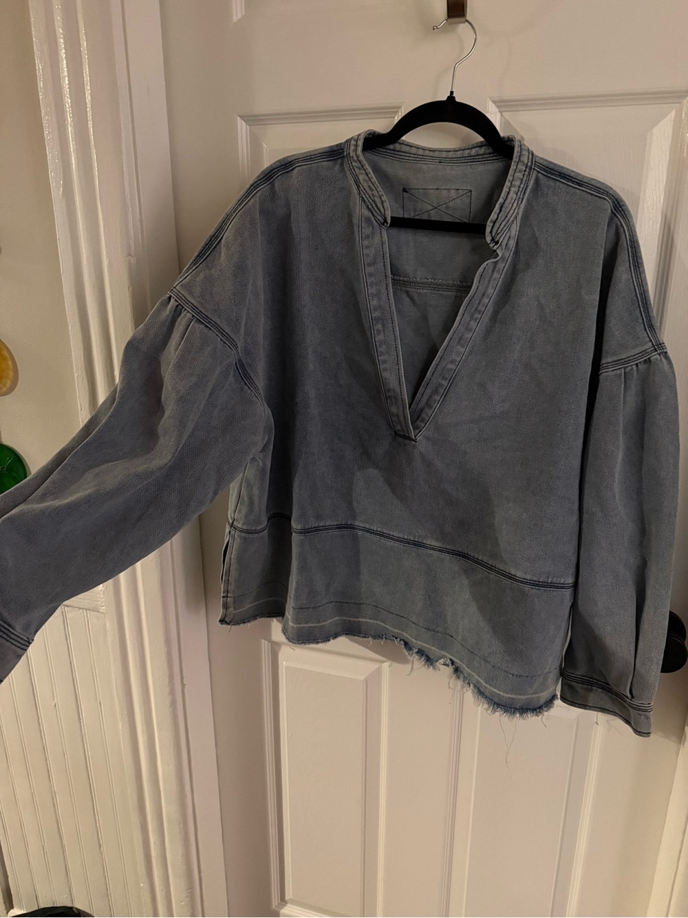 Light Wash Denim Pullover V-Neck Sweatshirt - Picture 4 of 4